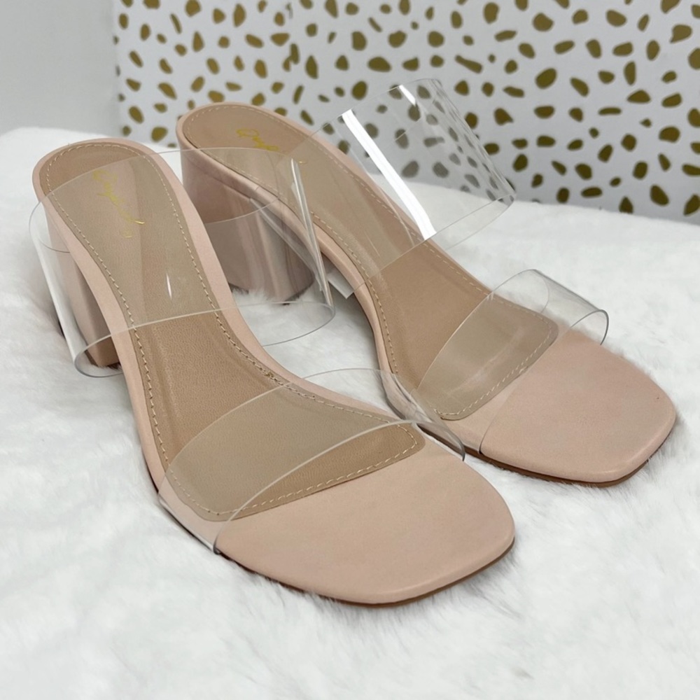 Tan clear band heels sandals slip on square toe events formal party mule